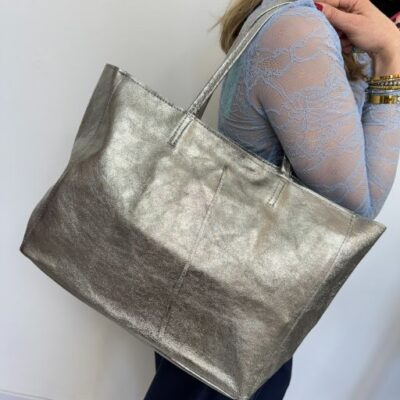 SHOPPY shopper in pelle argento metal